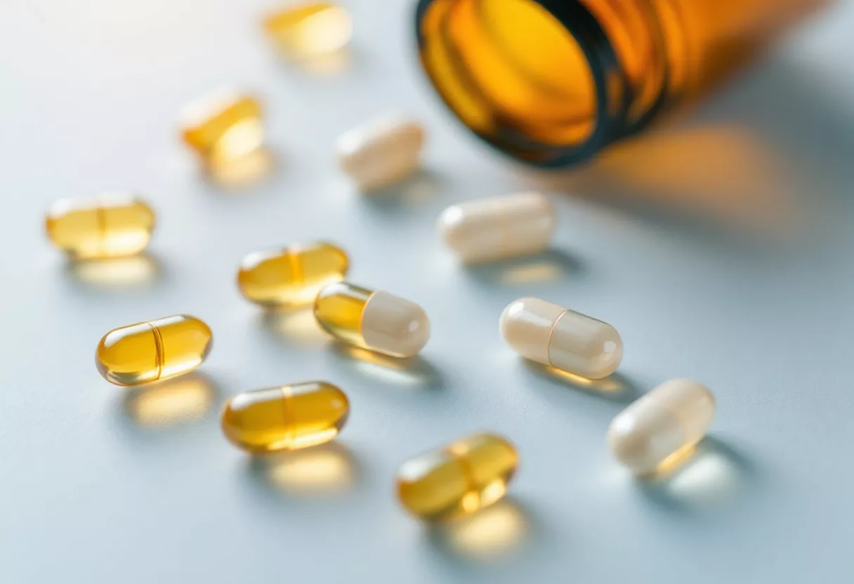 Assortiment de capsules de vitamines éparpillées sur une surface