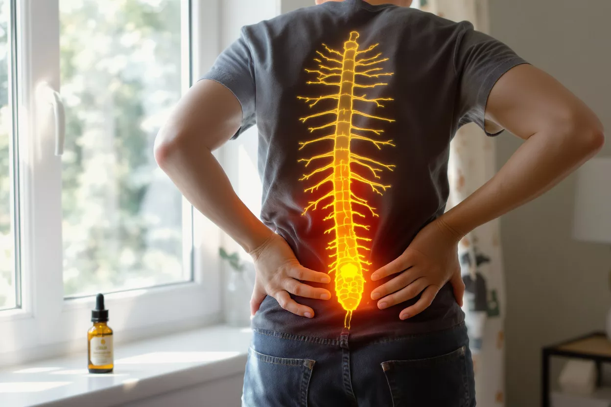 Person with glowing spine and back pain, reaching for CBD oil.