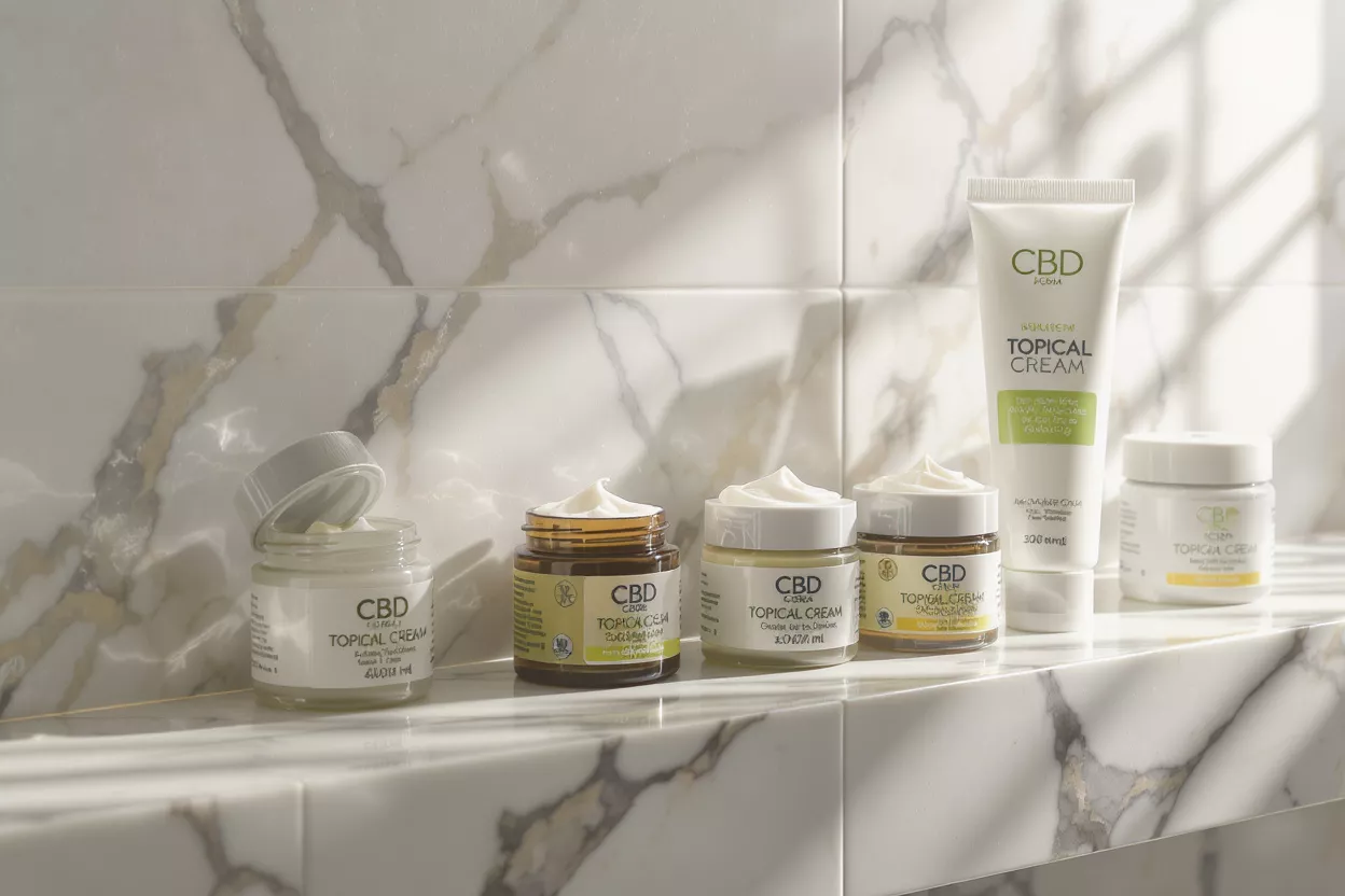 Various CBD topical creams and jars on a marble surface in natural light.