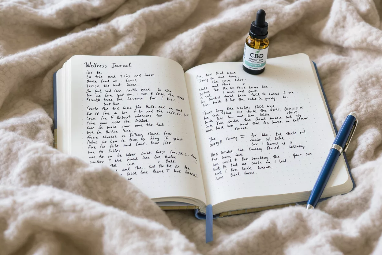 Open wellness journal with CBD oil bottle and pen on a cozy blanket.