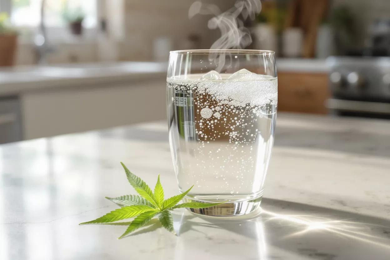 Steaming glass of sparkling water with cannabis leaf on kitchen counter.