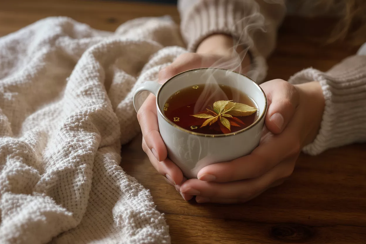 Close-up of hands holding a white mug of steaming herbal tea with leaves.