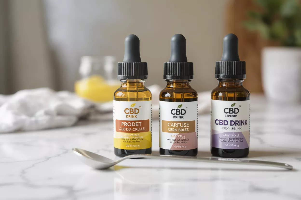 Three CBD drink dropper bottles and a spoon on a white marble surface.