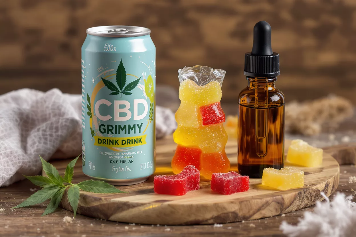 A light blue CBD drink can, gummy bears, and a CBD oil dropper bottle.