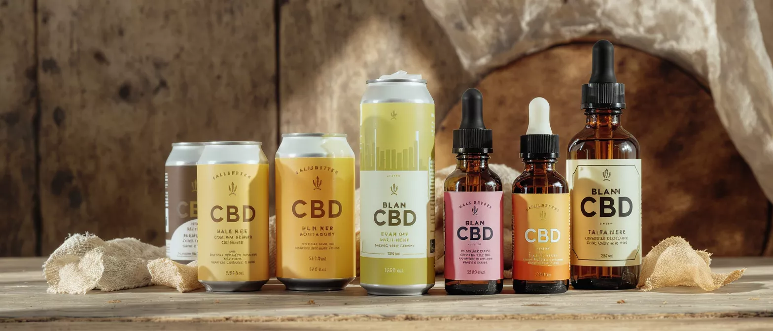Various CBD products including cans and dropper bottles on a rustic wooden surface.