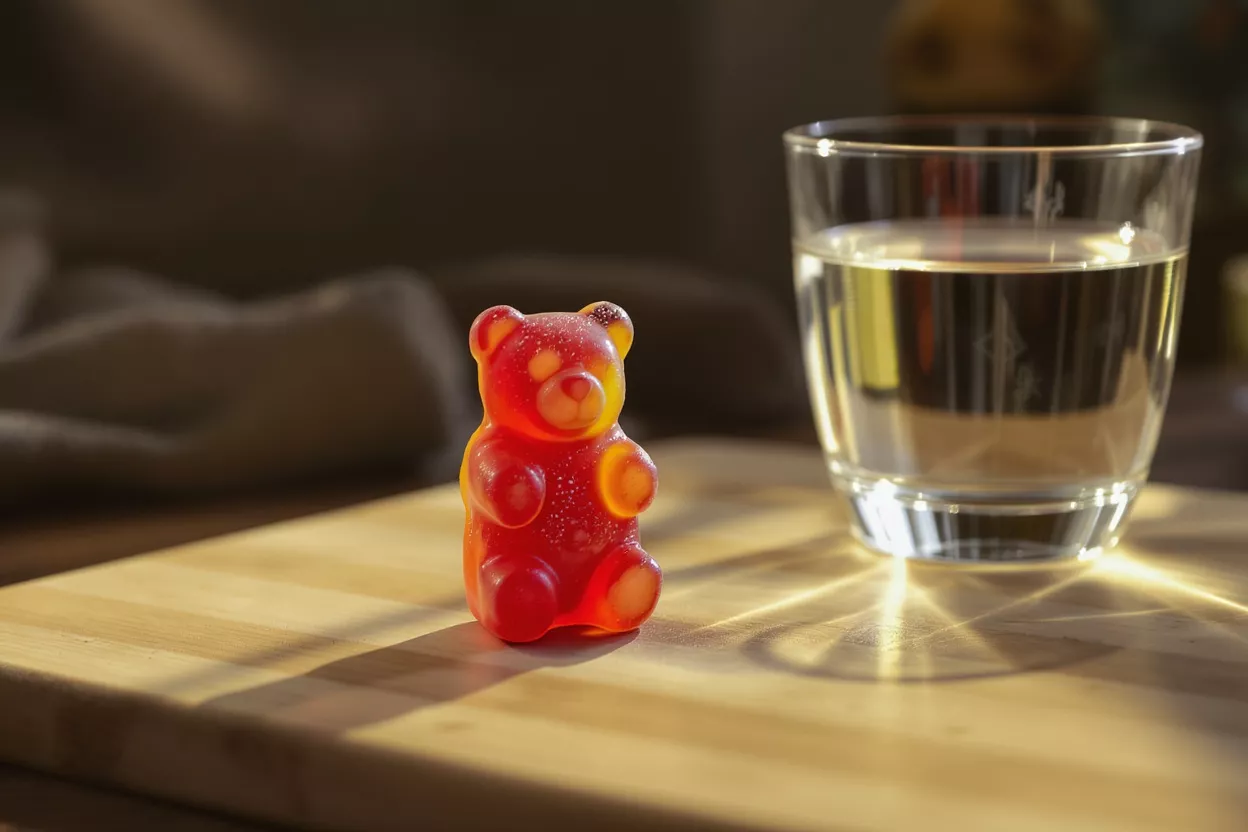 Oso de Goma y Vaso de Agua Un oso de goma rojo junto a un vaso de agua sobre una tabla de madera.