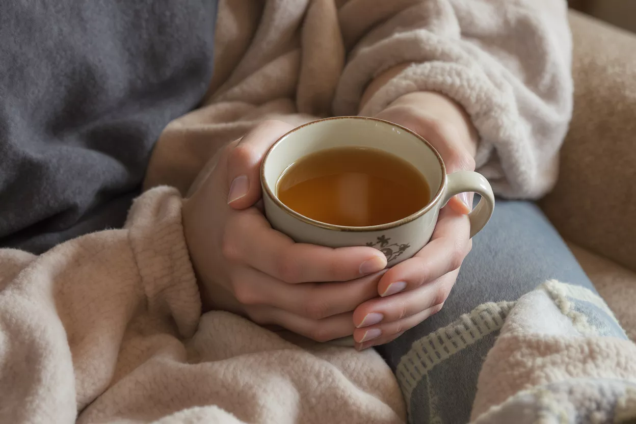 Manos Acogedoras Sosteniendo Té Caliente Primer plano de manos sosteniendo una taza de té caliente, rodeadas de mantas suaves.