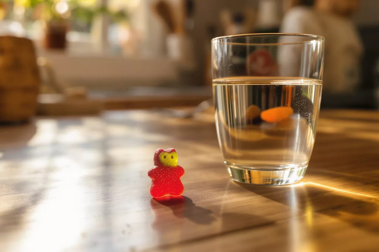 Un bonbon en gélatine rouge à côté d'un verre d'eau sur une surface en bois ensoleillée.