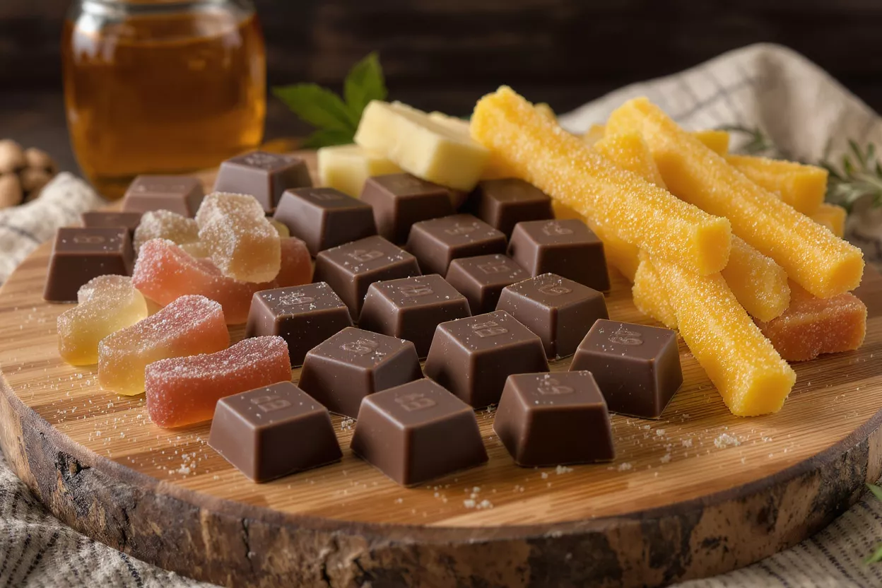 Carrés de chocolat, bonbons fruités et miel sur une planche en bois.