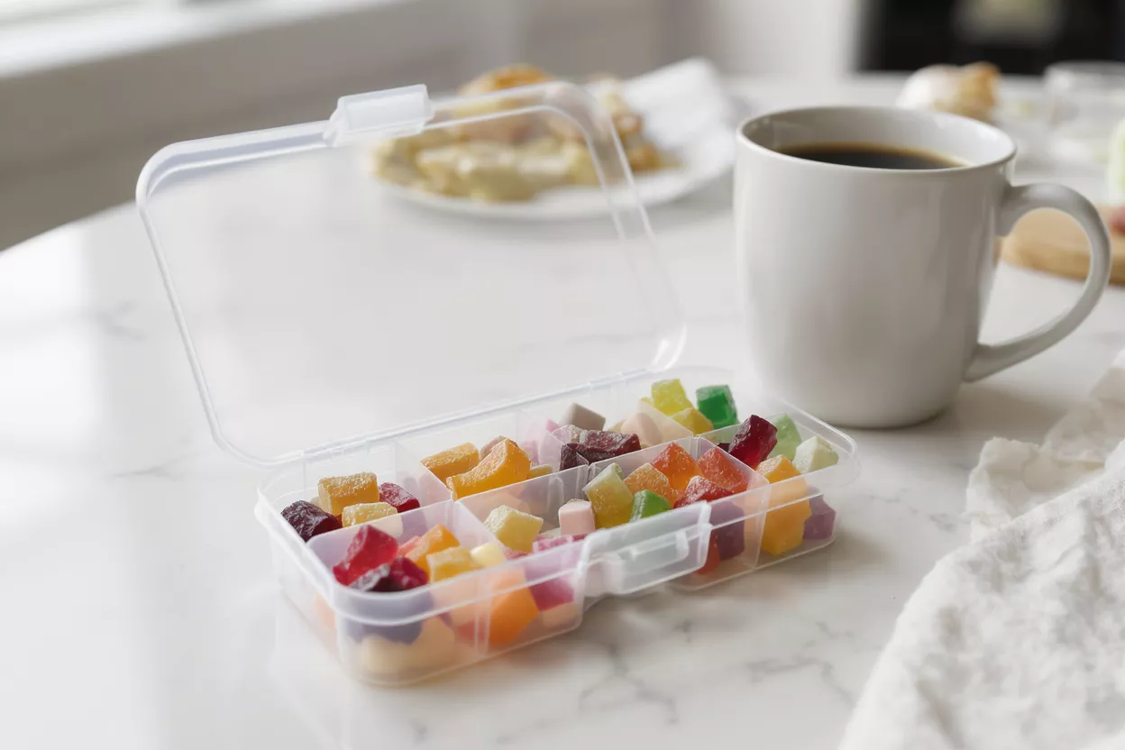 Boîte en plastique transparent remplie de divers bonbons gélifiés colorés sur une table en marbre blanc.
