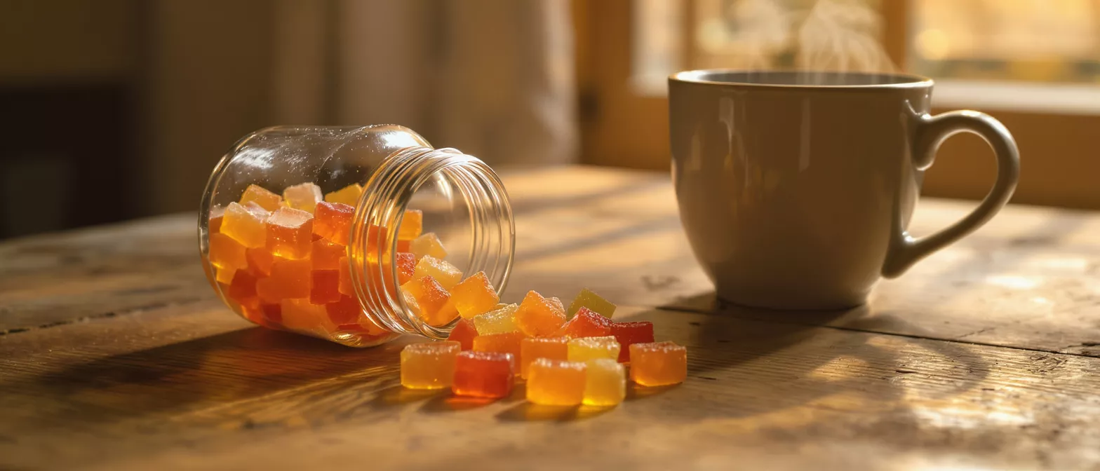 Orange and yellow gummies spill from a jar next to a steaming coffee cup.