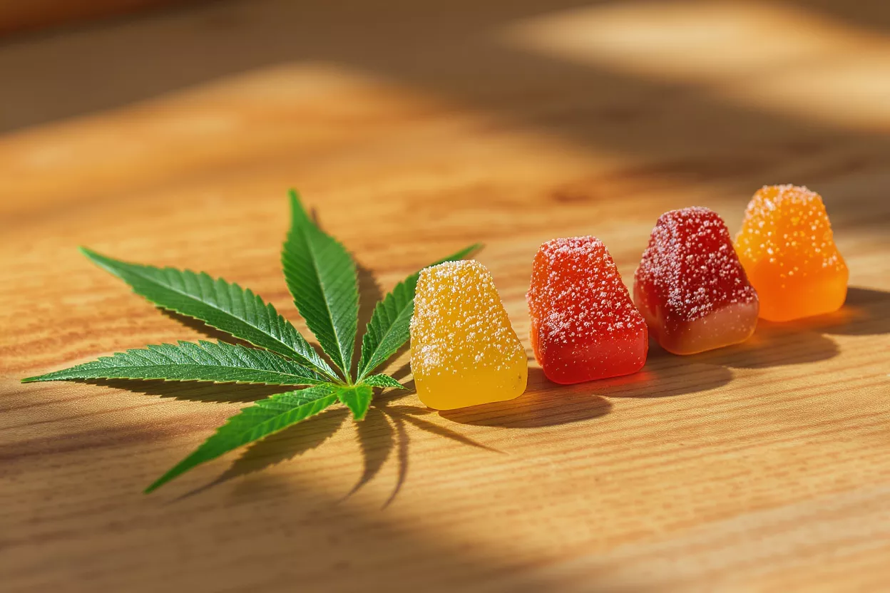 A red and orange gummy candy, halved, next to a glass of water.