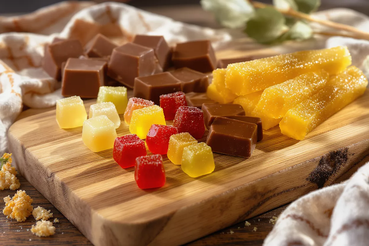 A wooden board holds various candies: chocolate squares, colorful sugar-coated gummies, and yellow sugar-coated sticks.