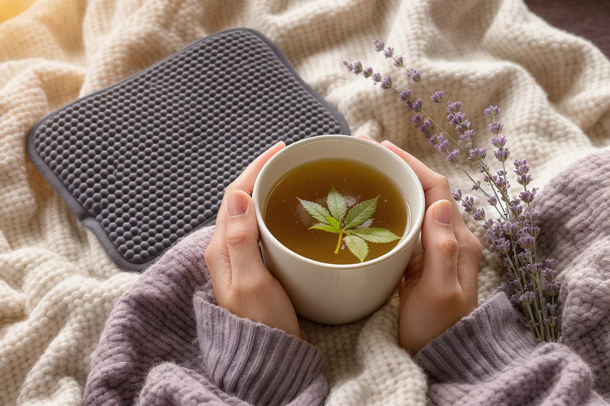Hands holding a cup of cannabis tea with lavender and a heating pad.