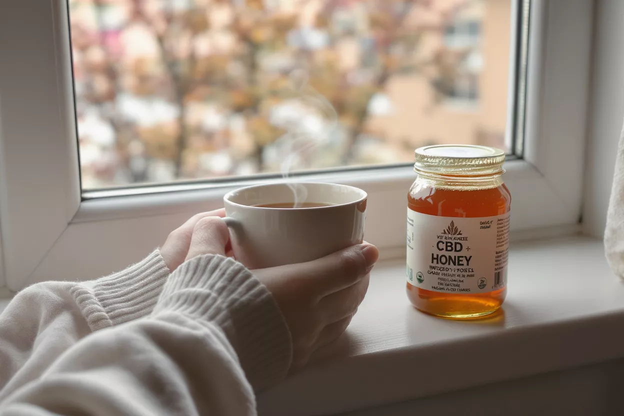 Hands holding a steaming mug, open book, and candle by a window at dusk.