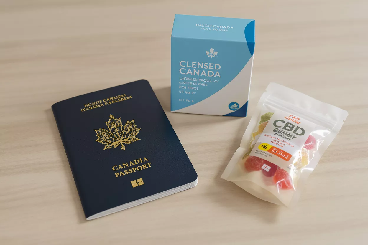 A Canadian passport, a box of Cleansed Canada, and a bag of CBD gummies.