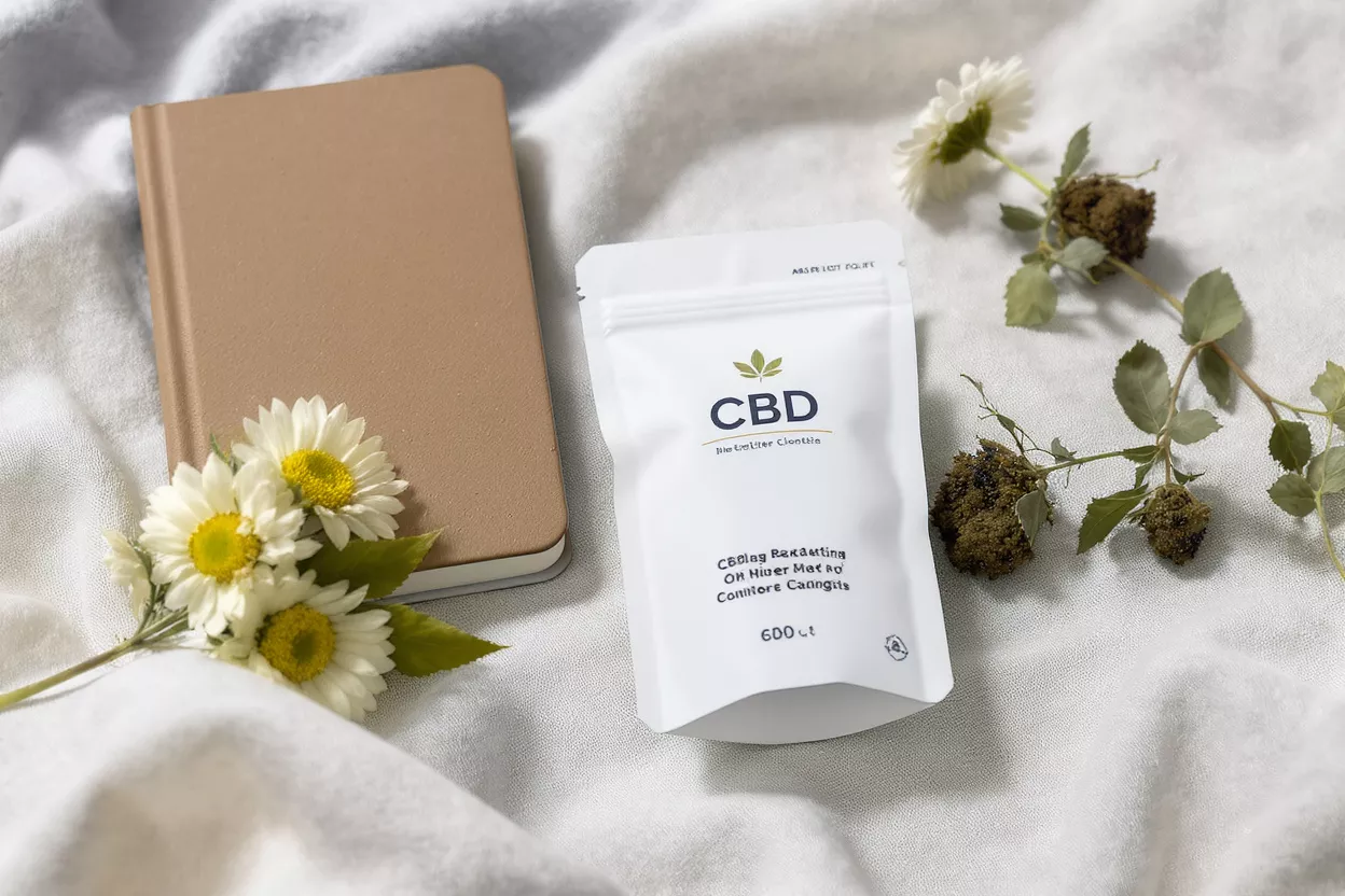 White CBD product pouch, brown notebook, and daisies on a white textured surface.