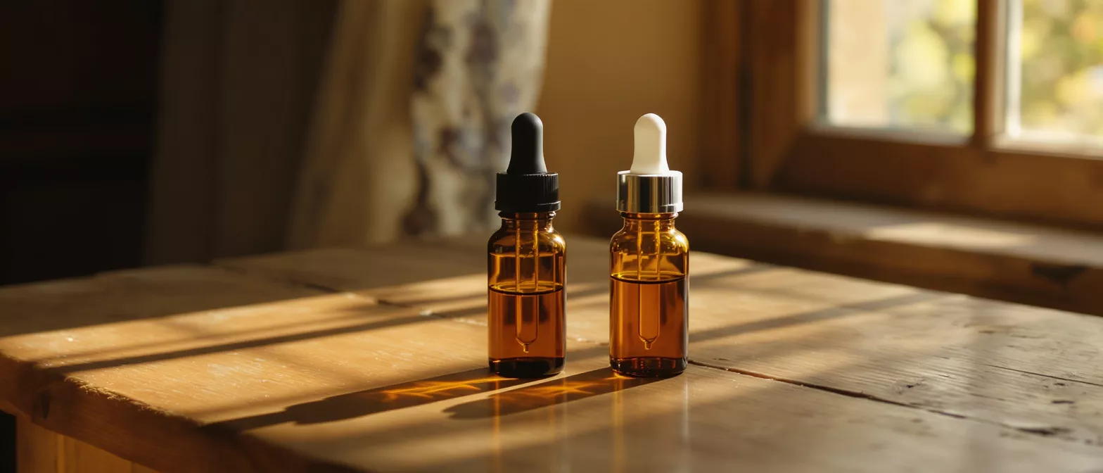 Two amber glass dropper bottles on a wooden table, bathed in sunlight.