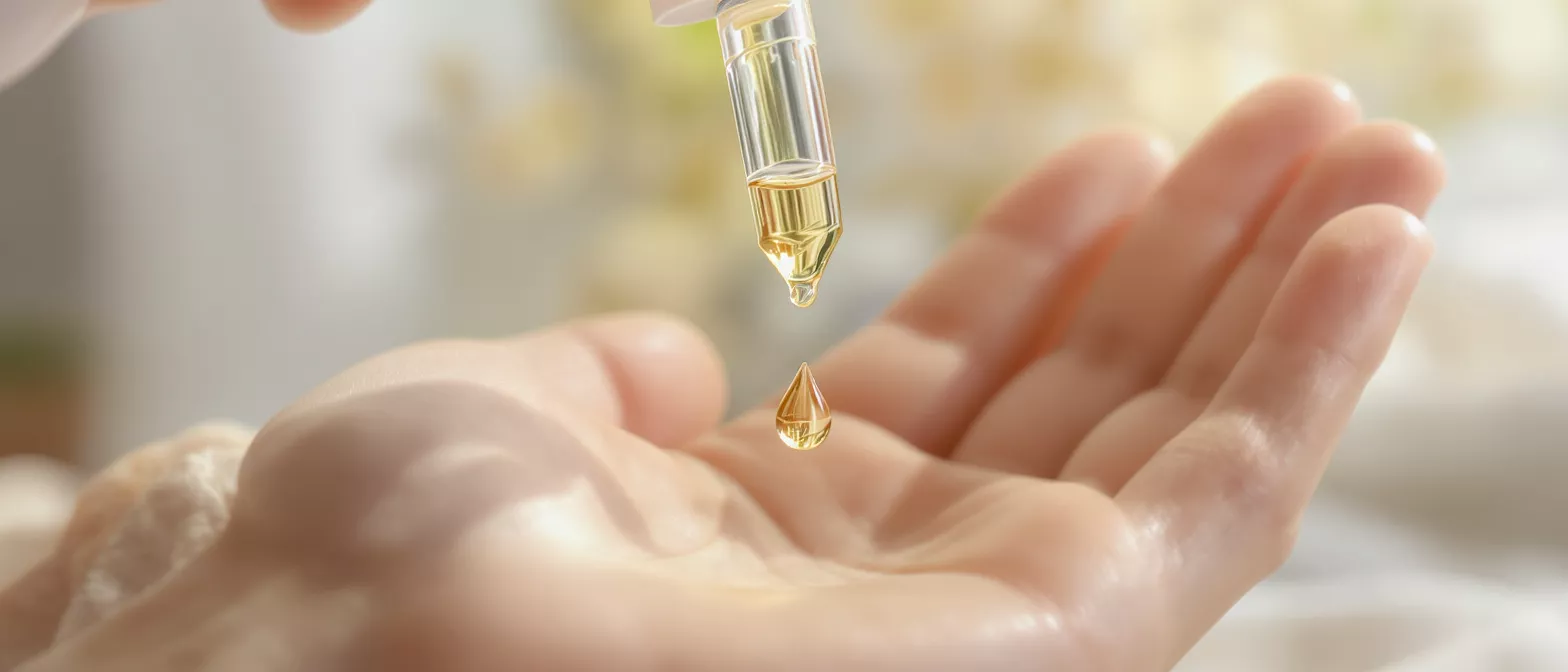 Primer plano de una gota de aceite dorado cayendo de una pipeta sobre la palma de una persona.