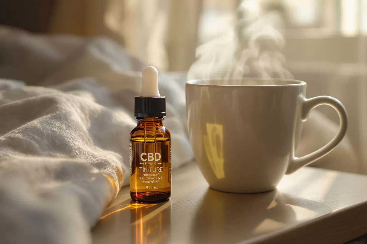 CBD tincture bottle next to steaming coffee cup in soft morning light.