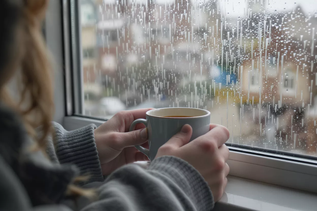 Personne tenant une tasse de café chaude en regardant une fenêtre sous la pluie.