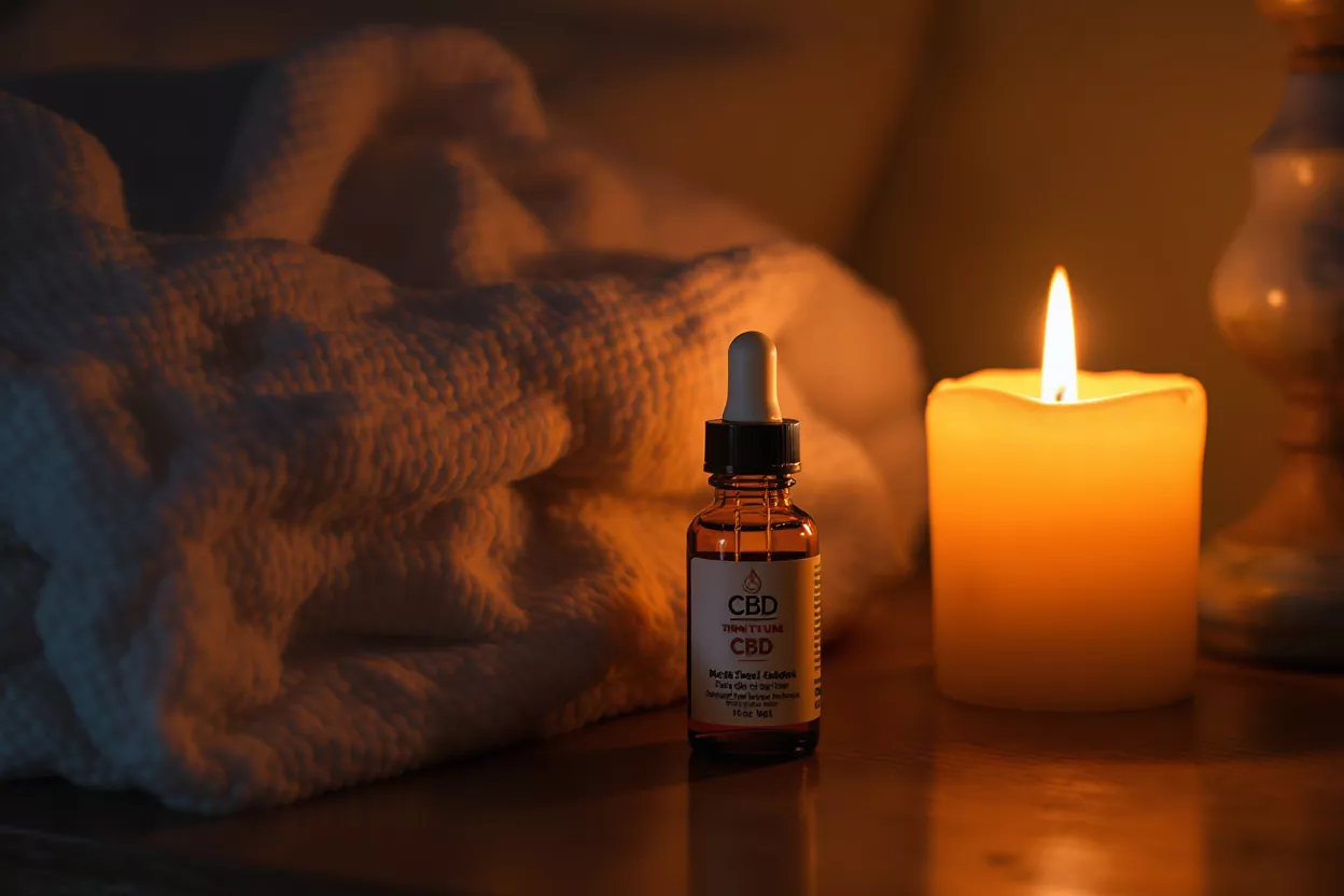 CBD oil bottle, lit candle, and white towel in a warm, cozy setting.