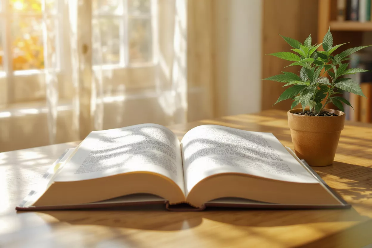 Un livre ouvert et une petite plante en pot sur une table en bois au soleil.