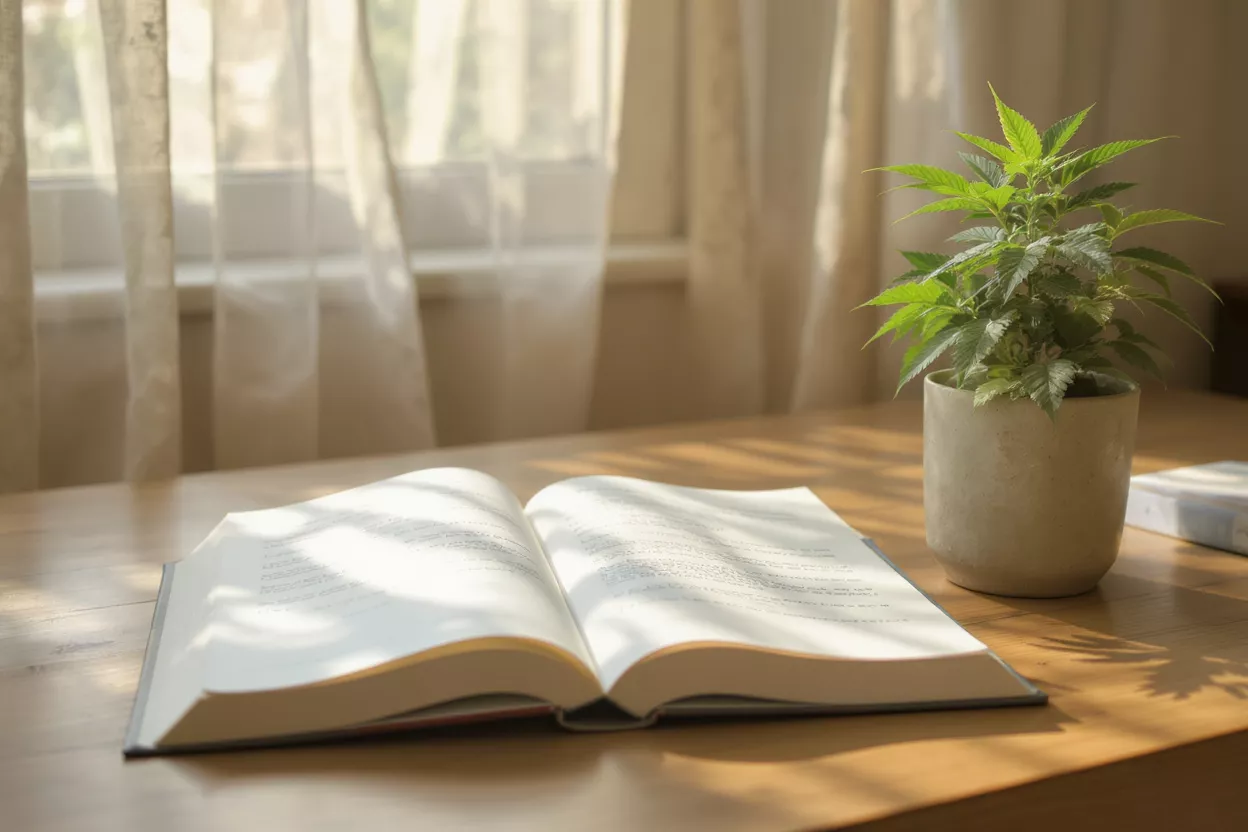 An open book and a potted plant on a wooden table, bathed in sunlight.