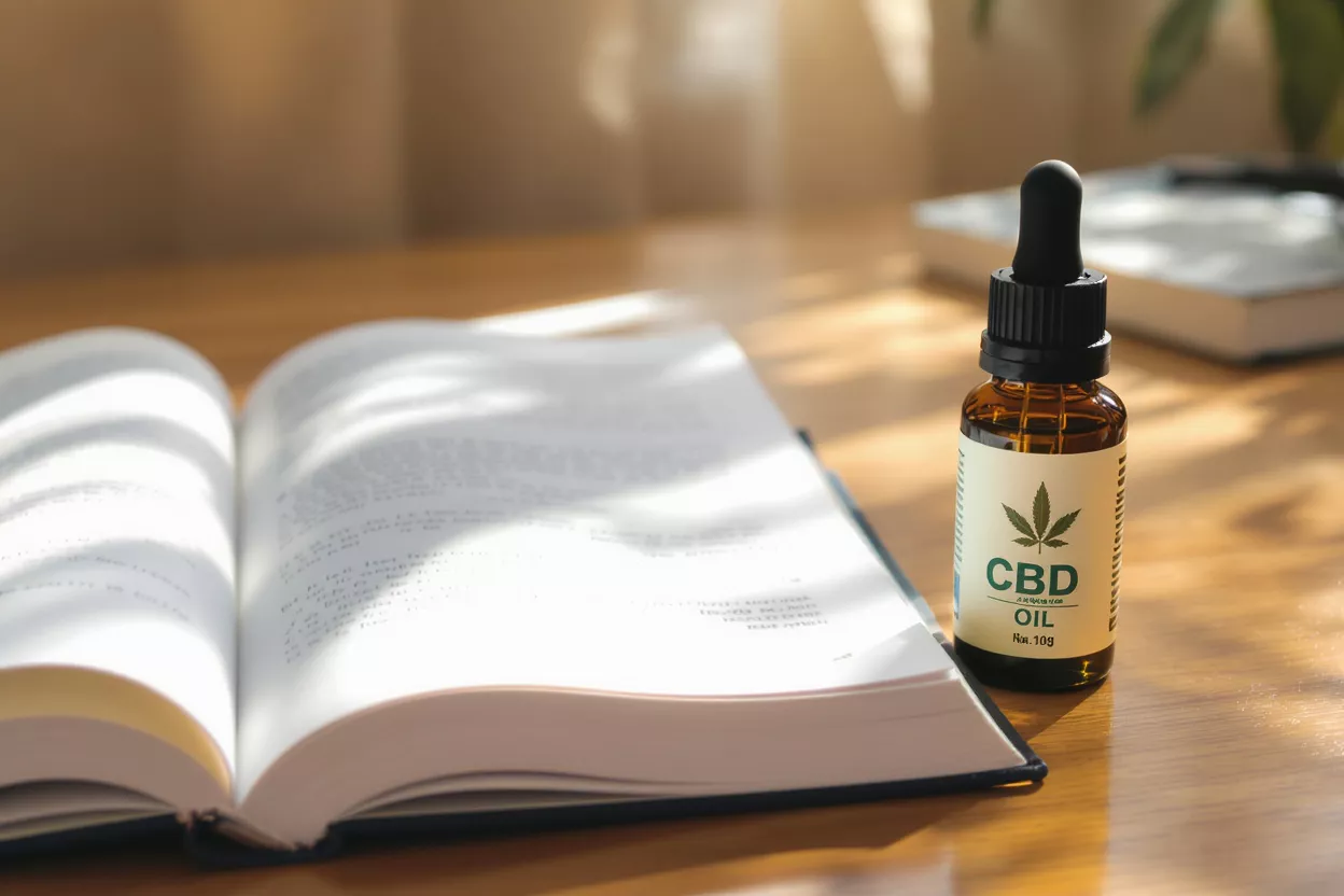 A CBD oil bottle with an open book on a wooden table, bathed in sunlight.