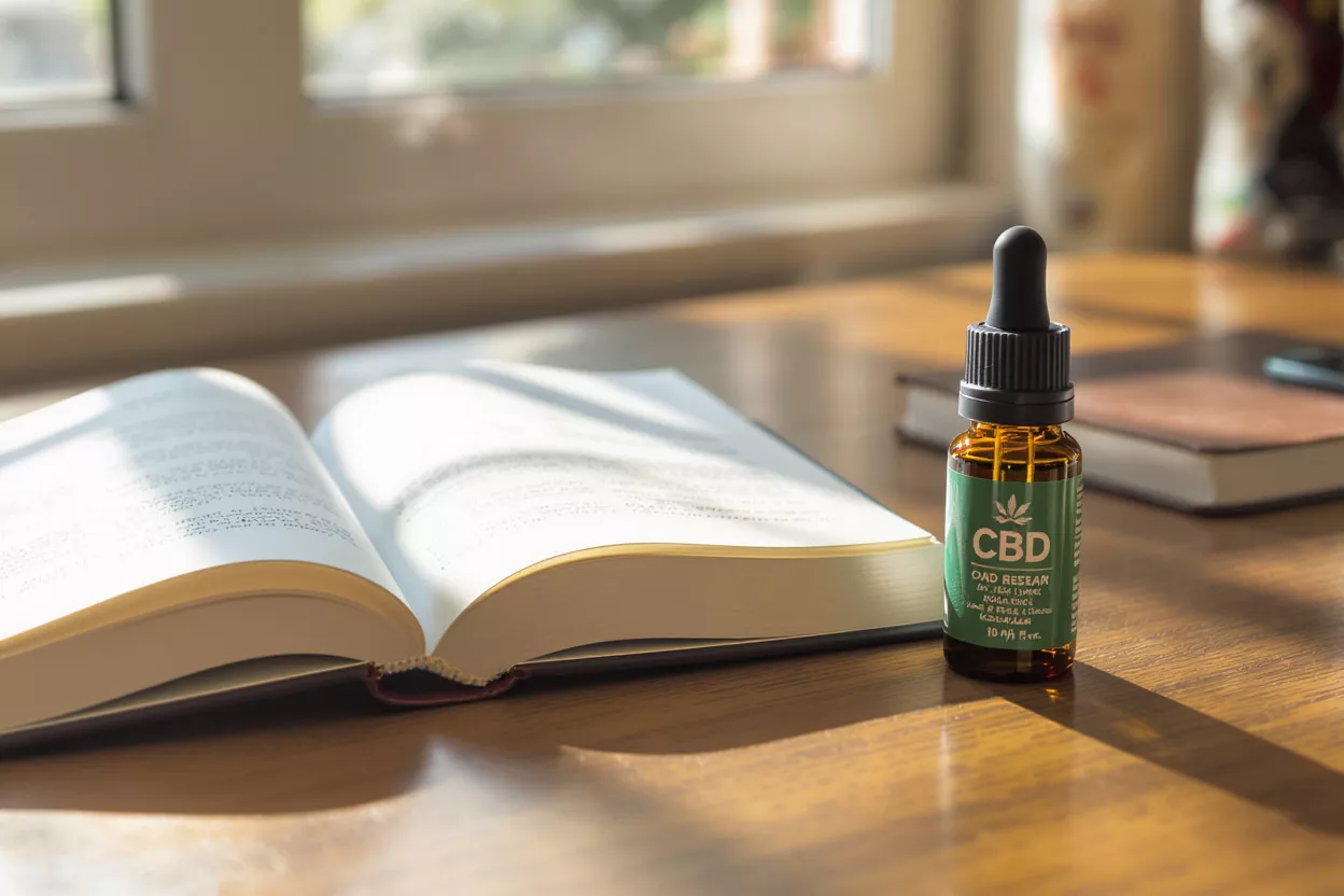 CBD oil dropper bottle next to an open book on a wooden table.