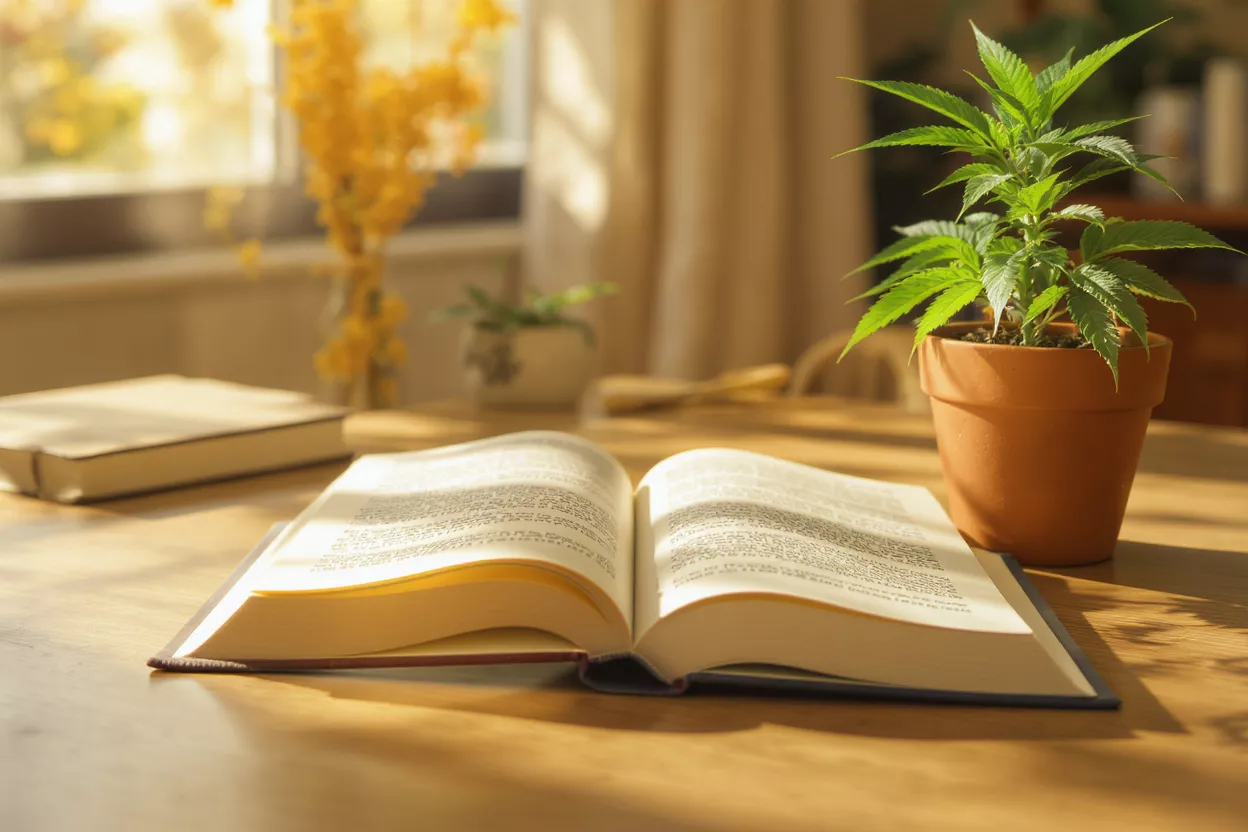 Open book, potted plant, and closed book on a wooden table in warm sunlight.