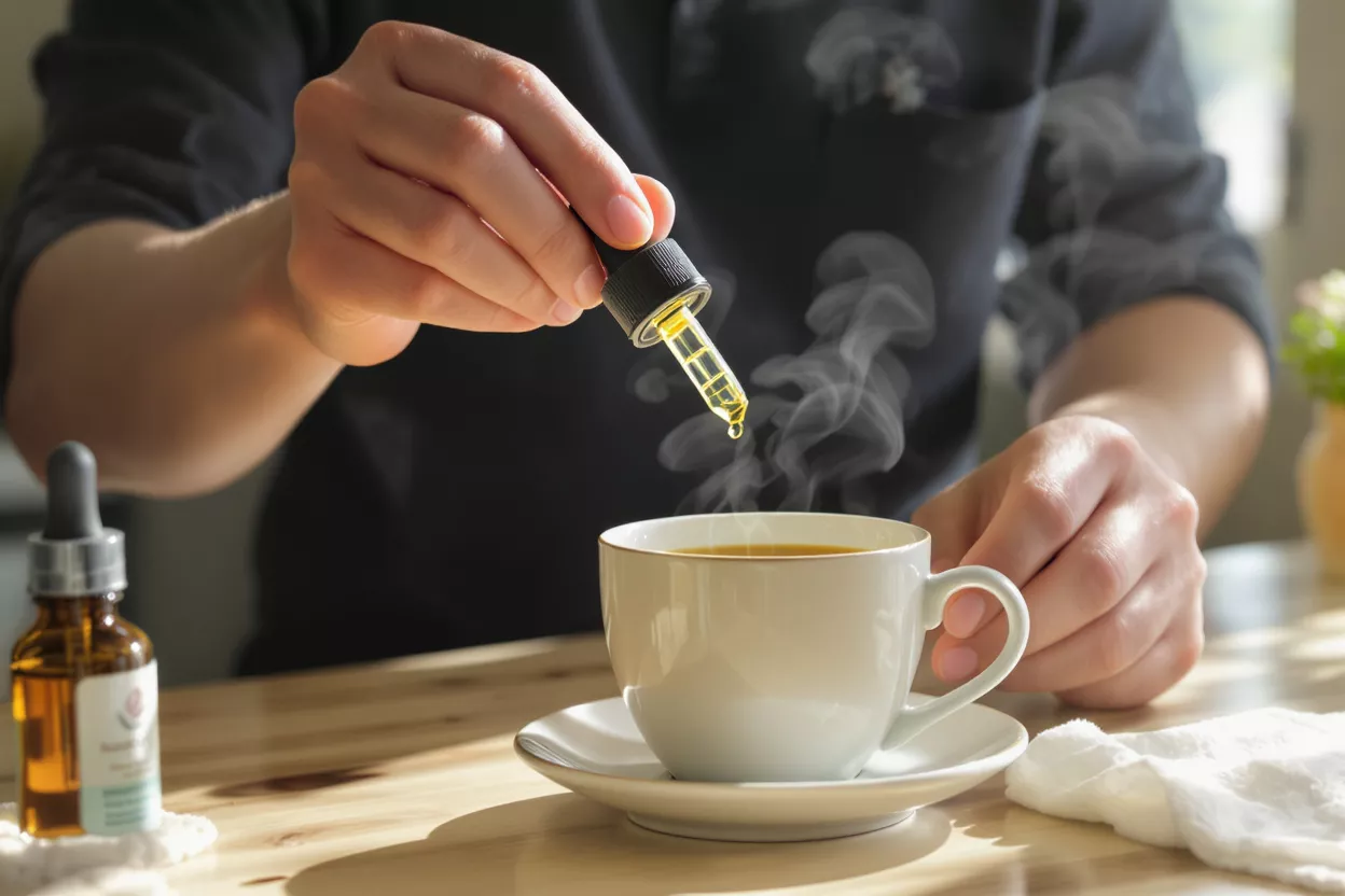 A person dropping CBD oil from a dropper into a steaming cup of coffee.