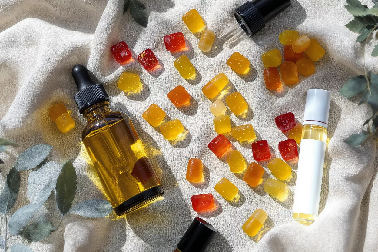 Gommes CBD en rouge, orange et jaune avec fiole d'huile et roll-on.