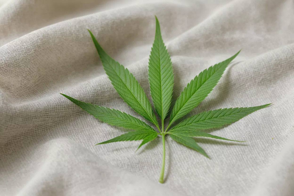 Vibrant green cannabis leaf resting on a light, textured fabric surface.