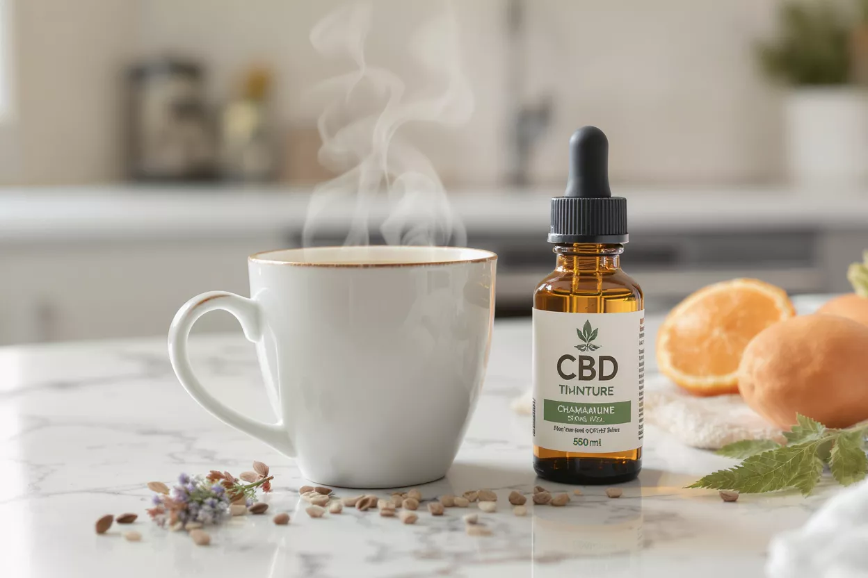 CBD tincture bottle next to a steaming coffee cup on a marble counter.