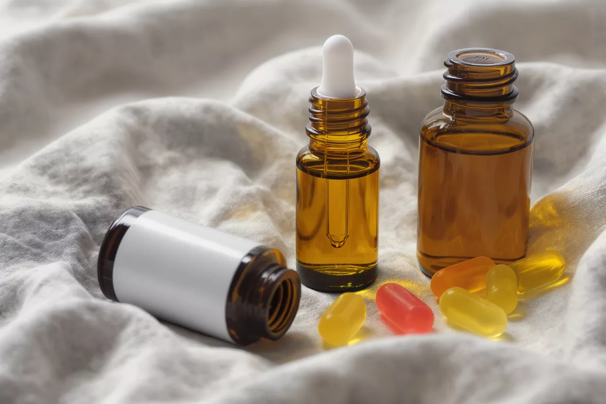 Amber bottles of CBD oil with dropper and colorful gummies on white fabric.