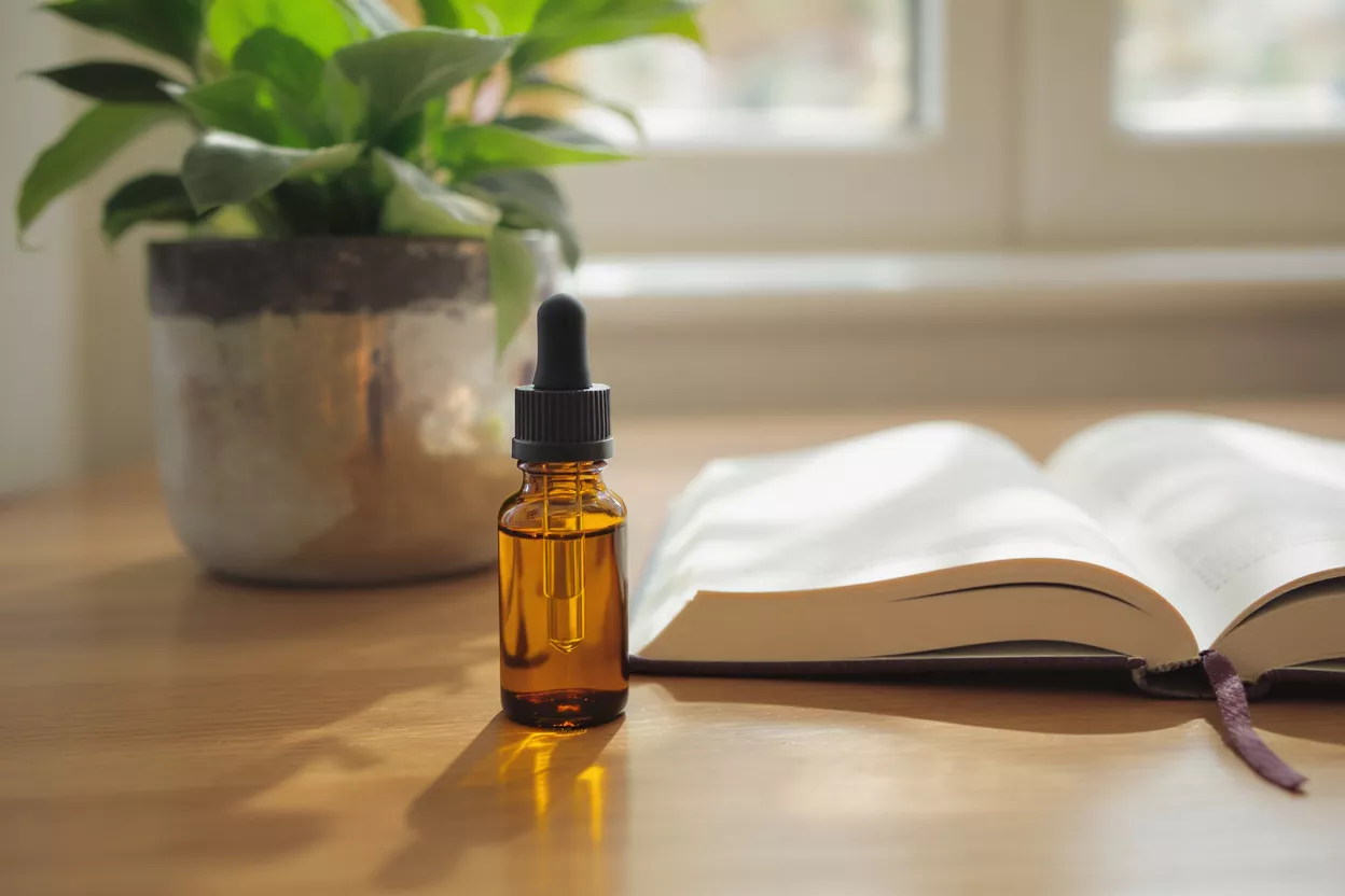Flacon en verre ambré avec pipette, livre ouvert et plante verte sur une table en bois.