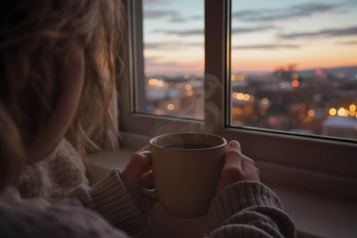 Personne tenant une tasse fumante, regardant par une fenêtre une ville à l'aube.
