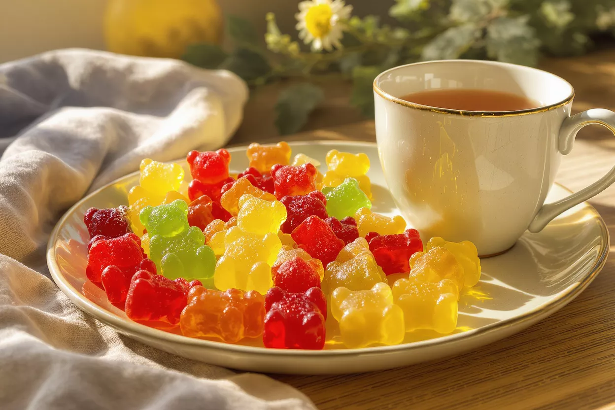 A plate of colorful gummy bears next to a cup of tea on a wooden table.