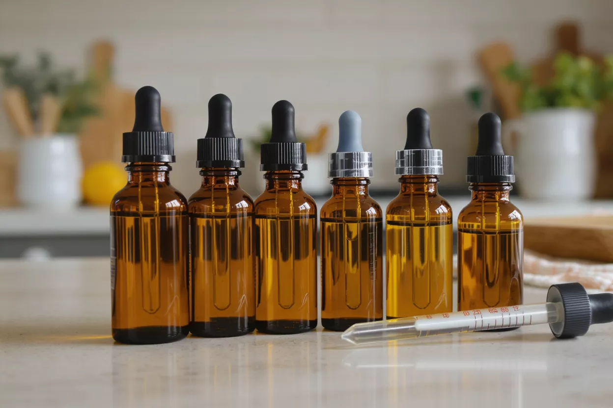 Six amber glass dropper bottles filled with yellow liquid on a light countertop.