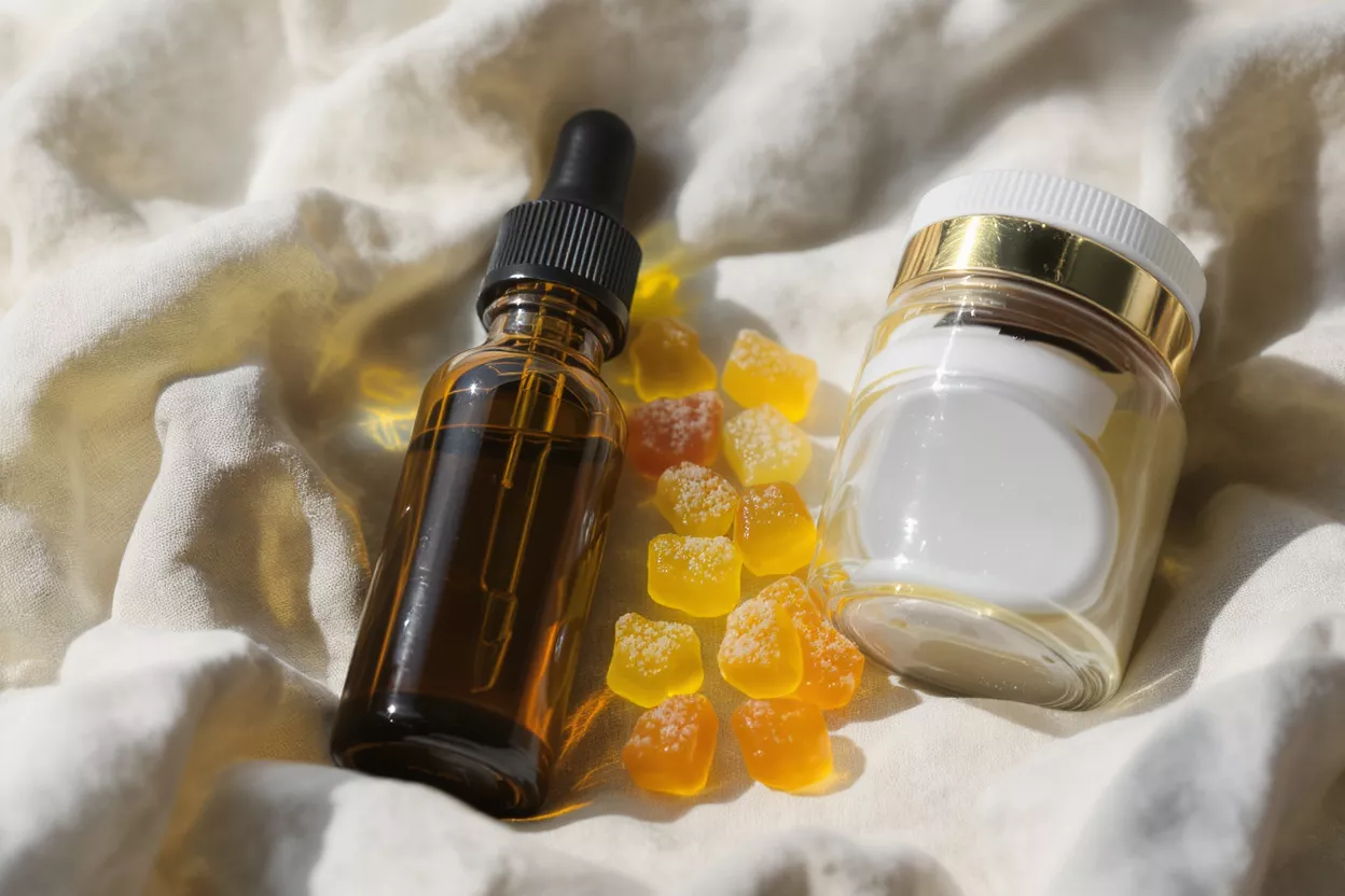 CBD oil dropper bottle, gummies, and cream jar on a white fabric.