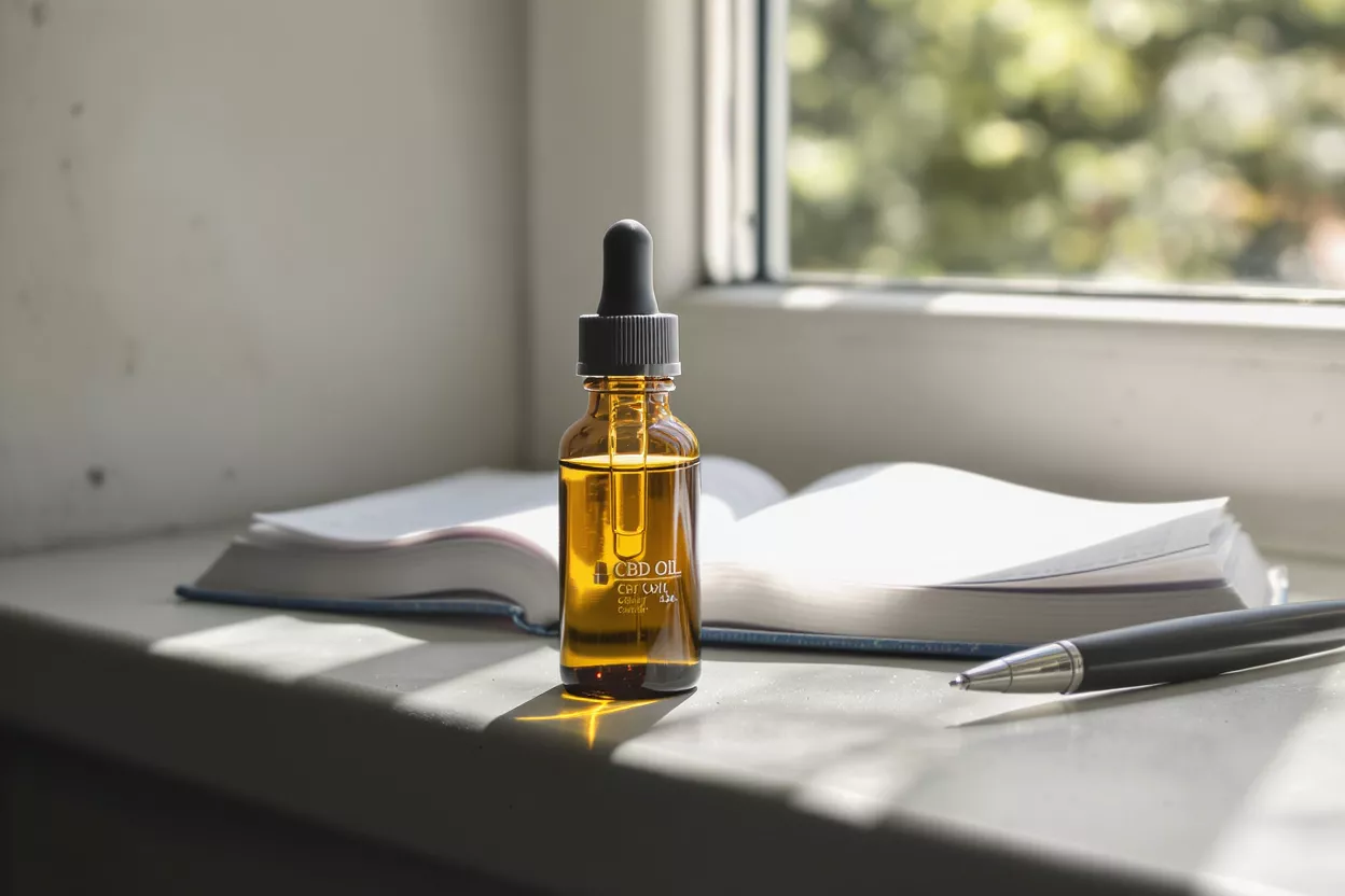 Amber CBD oil bottle with dropper, open book, and pen on a sunlit windowsill.
