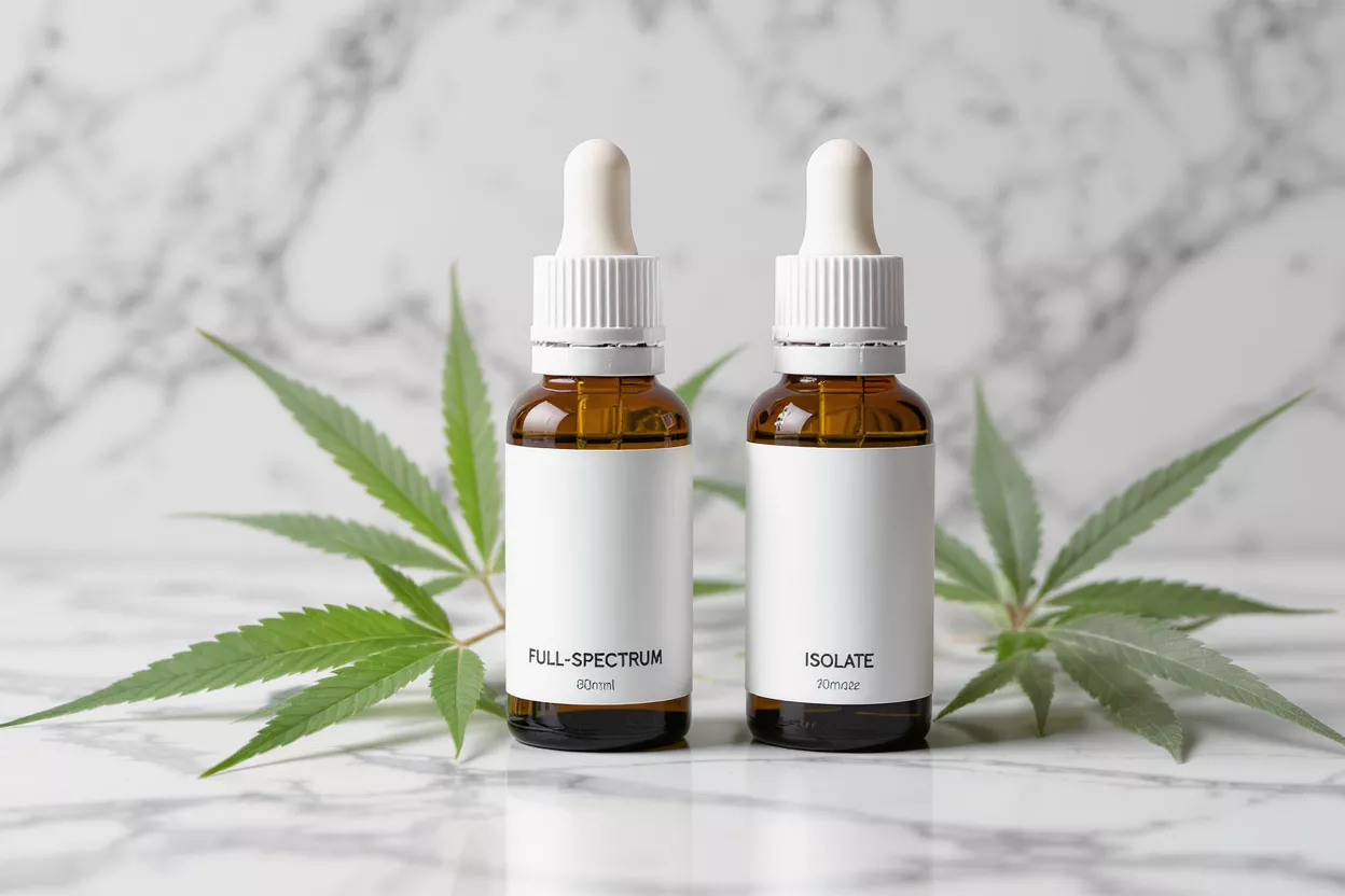 Deux flacons compte-gouttes ambrés d'huile de CBD, spectre complet et isolat, avec des feuilles de cannabis sur du marbre.