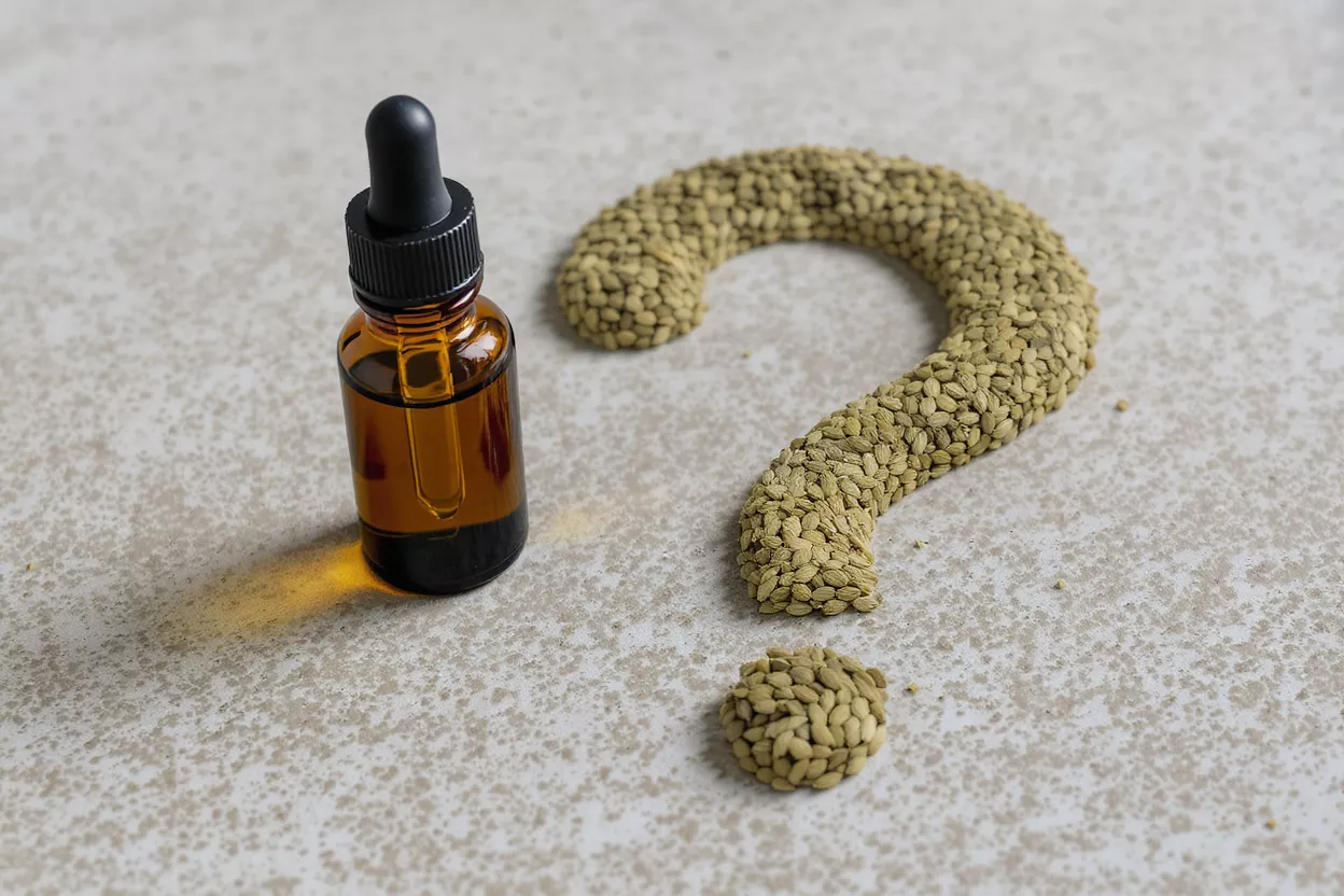 Amber dropper bottle next to a question mark made of small green seeds.