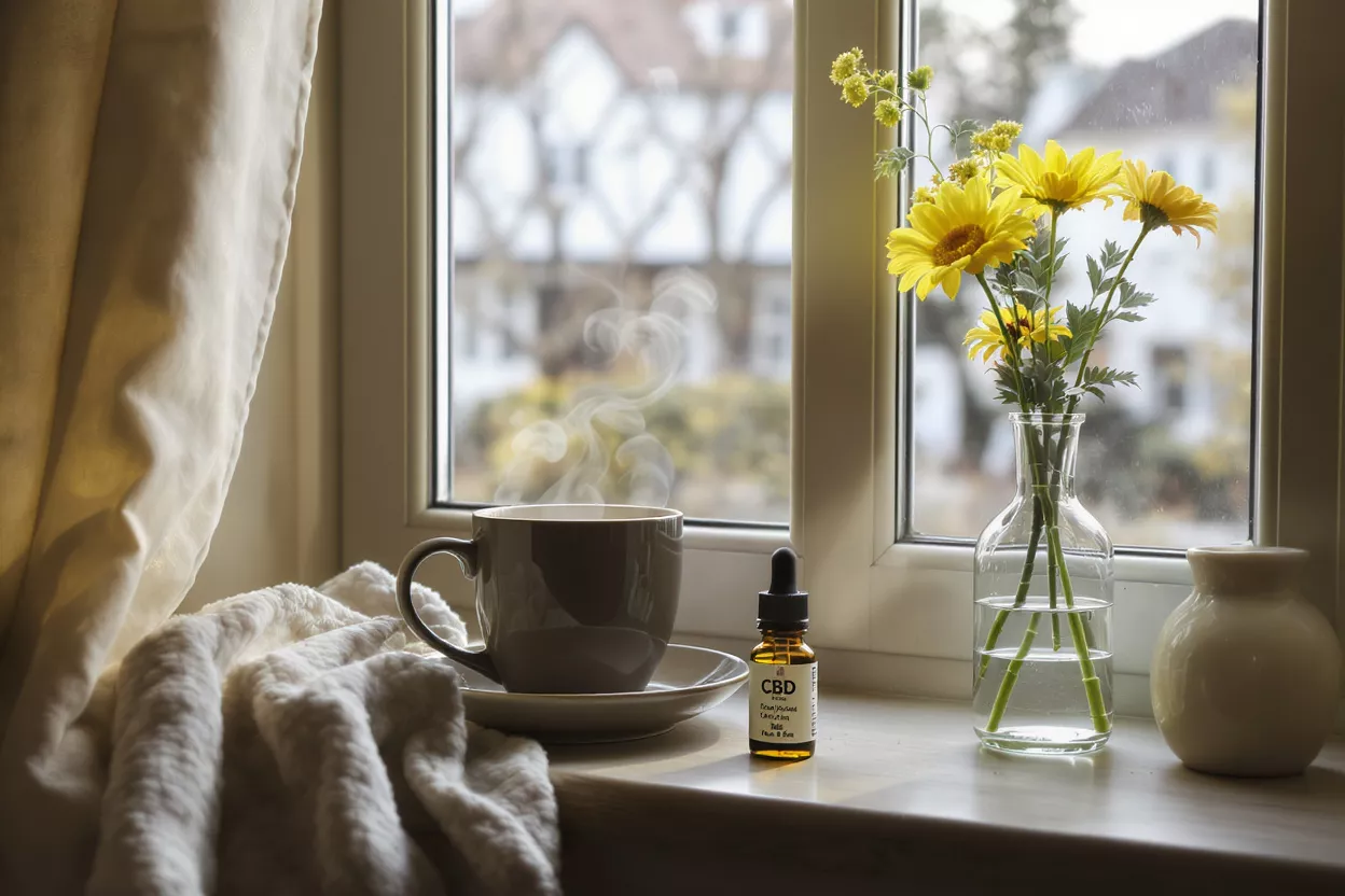 Steaming coffee, CBD oil, and yellow flowers on a window sill.
