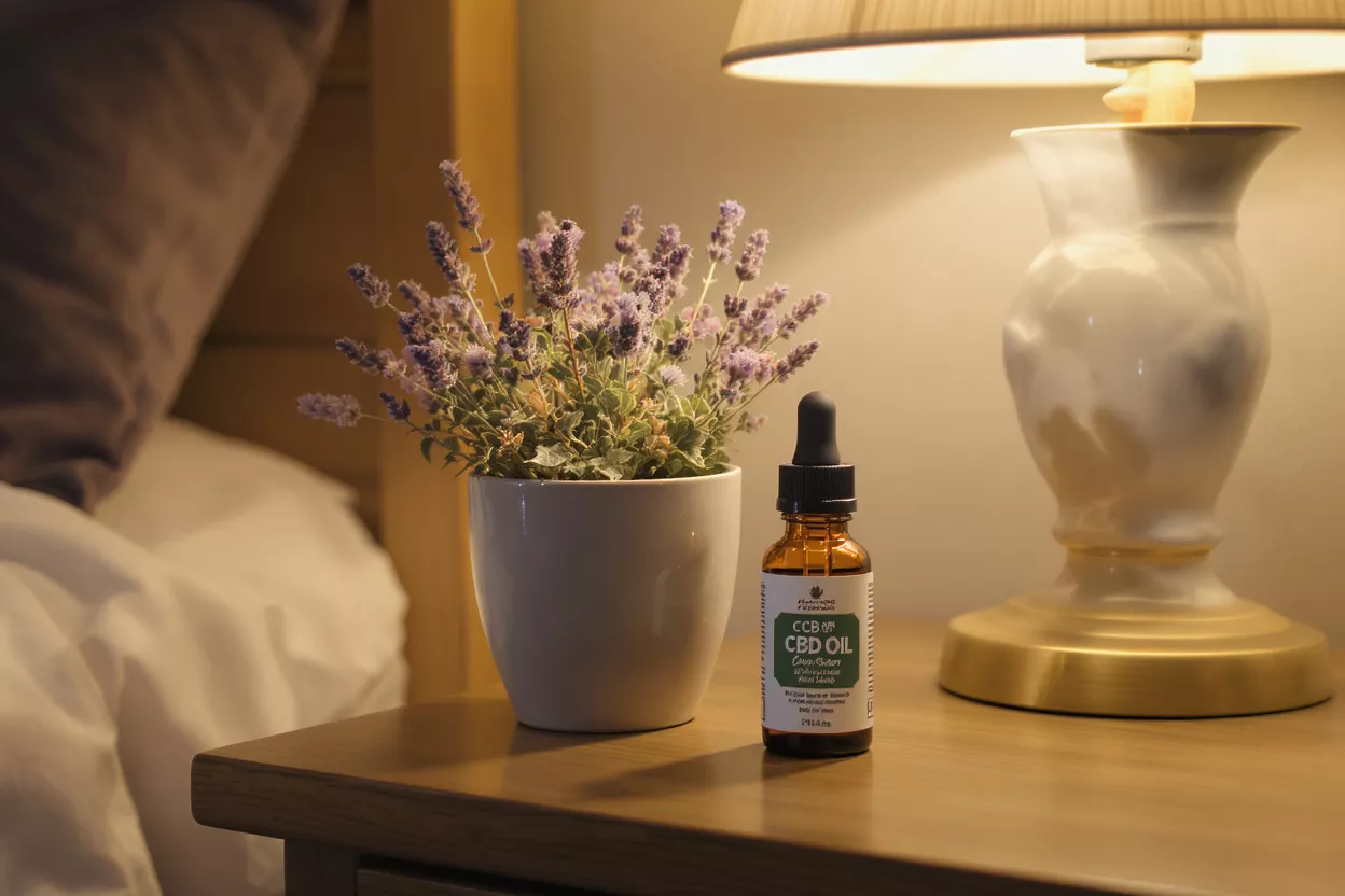 CBD oil bottle next to a potted lavender plant on a bedside table.