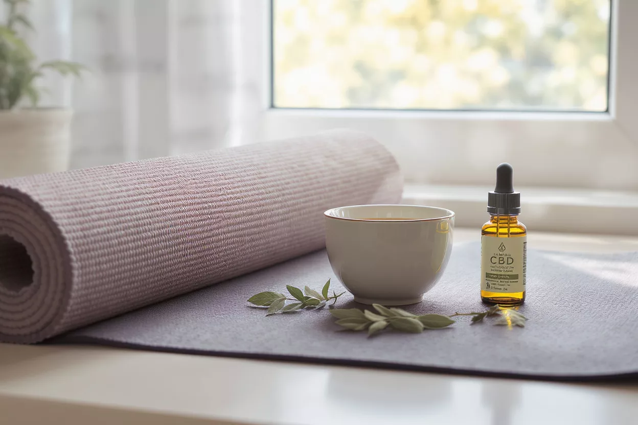 CBD oil, tea, and yoga mat for a relaxing wellness routine.