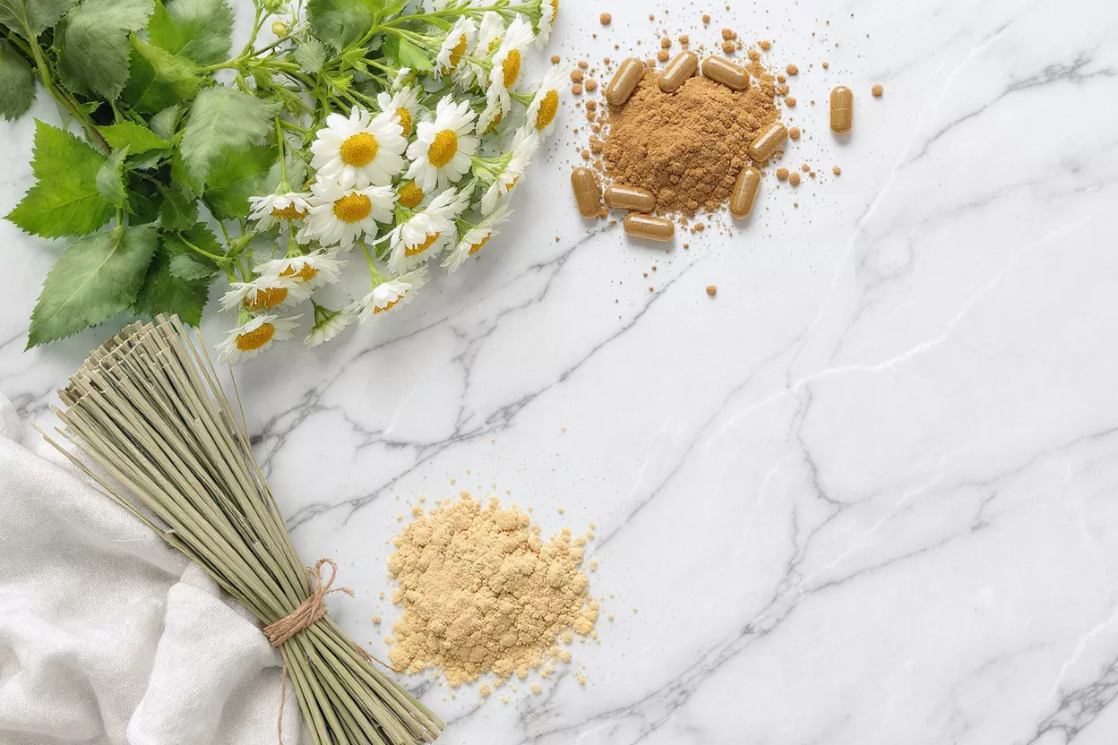 Chamomile flowers, herbal capsules, and powders on a white marble surface.