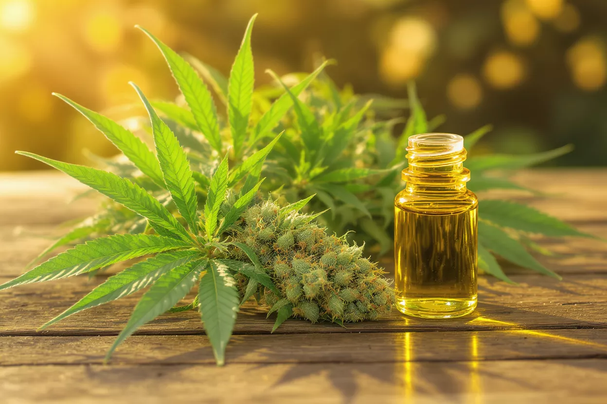 Cannabis plant, bud, and CBD oil bottle on a wooden table in sunlight.