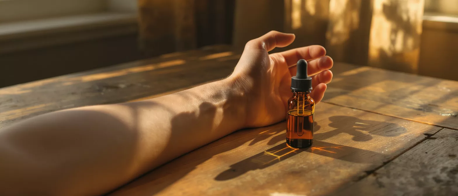 A person's arm and hand reaching for a small amber dropper bottle on a wooden table.